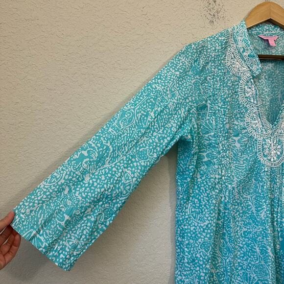 LILLY PULITZER Sarasota Tunic Top Aquamarine Blue Abstract Beaded Boho - Picture 6 of 12
